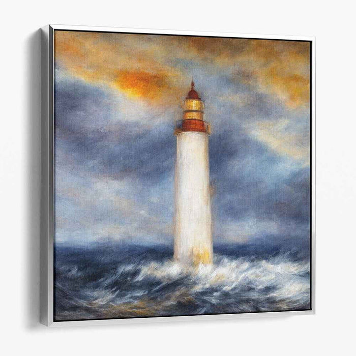 Tempest's Beacon Shines Brightly: Dramatic Lighthouse in Stormy Seas Canvas Art Print