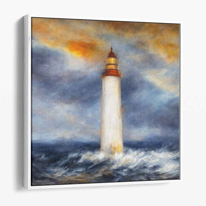 Tempest's Beacon Shines Brightly: Dramatic Lighthouse in Stormy Seas Canvas Art Print