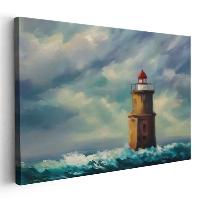 Perseverance's Beacon: Resilient Lighthouse in a Tempestuous Sea Canvas Art Print