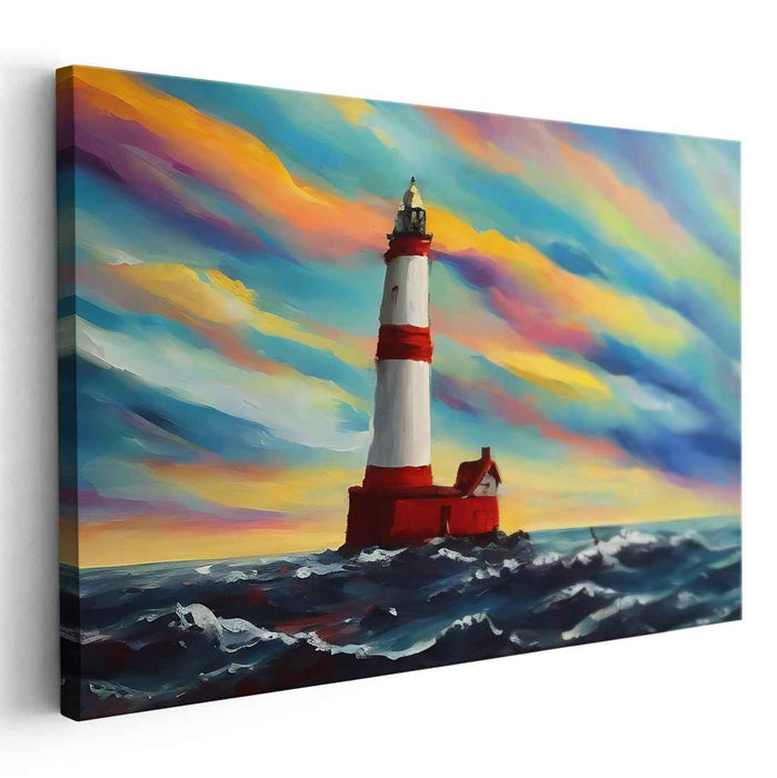 Ocean's Beacon Glow: Vibrant Nautical Lighthouse Canvas Art Print