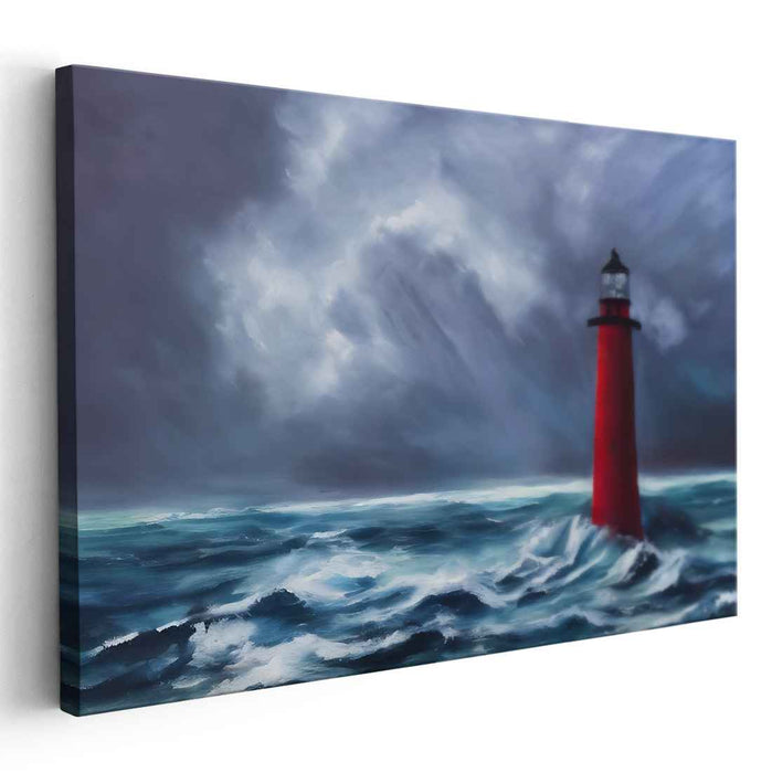 Guiding Crimson Beacon: Majestic Red Lighthouse Amidst Turbulent Seas