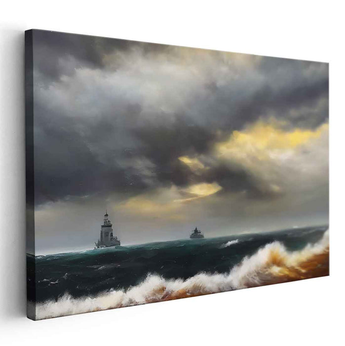 Sentinels of the Tempest: Romantic Seascape with Lighthouse and Stormy Waves Canvas Art