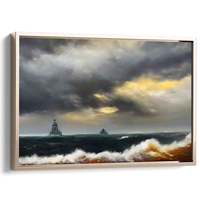 Sentinels of the Tempest: Romantic Seascape with Lighthouse and Stormy Waves Canvas Art