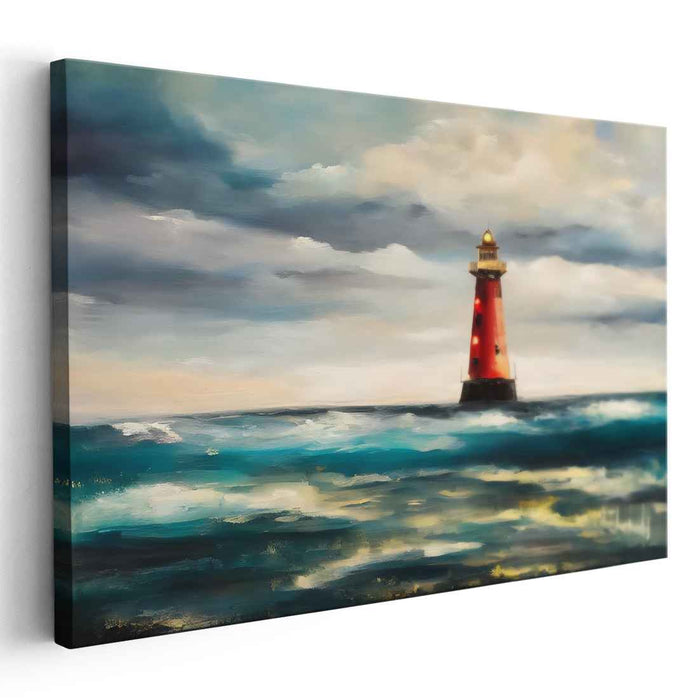 Scarlet Guiding Beacon: Dramatic Red Lighthouse Canvas Art Print