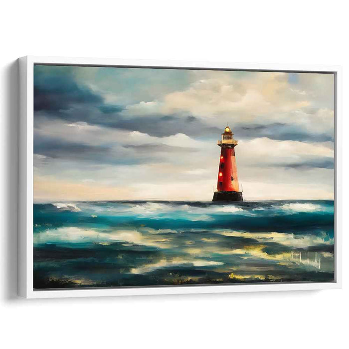 Scarlet Guiding Beacon: Dramatic Red Lighthouse Canvas Art Print