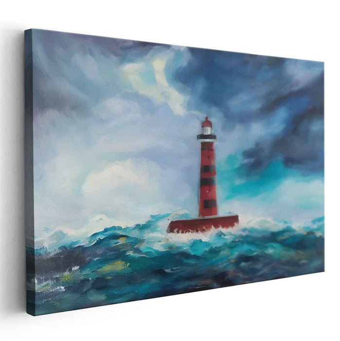 Beacon of the Tempest: Dramatic Lighthouse Seascape Canvas Art Print