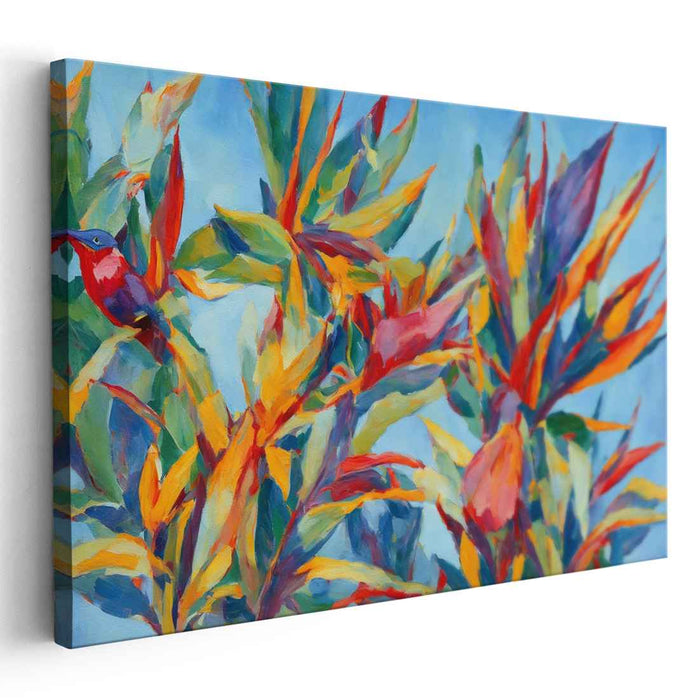 Plumage Petals Dance: Colorful Bird-of-Paradise Floral Canvas Art Print