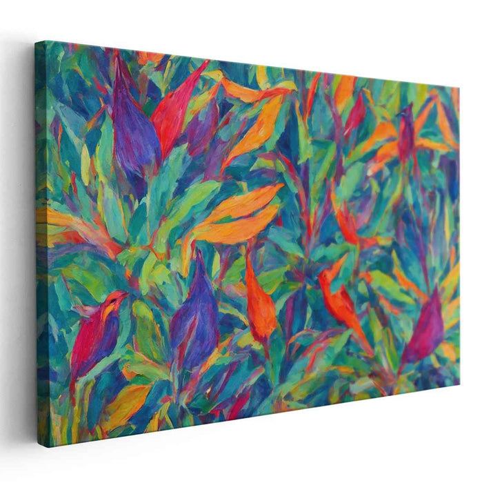 Feathery Canopy Flight: Vibrant Birds in Lush Foliage Canvas Art Print