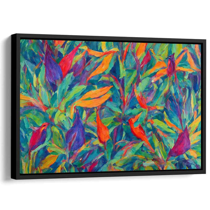 Feathery Canopy Flight: Vibrant Birds in Lush Foliage Canvas Art Print