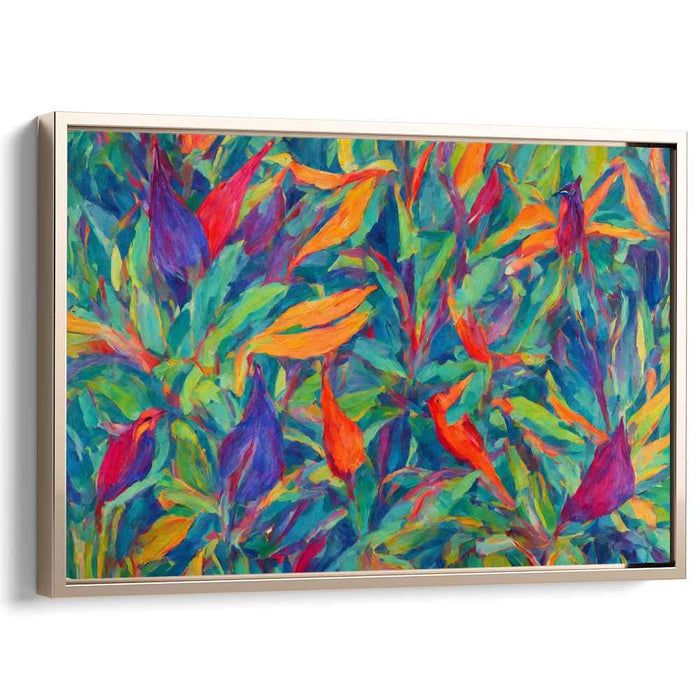 Feathery Canopy Flight: Vibrant Birds in Lush Foliage Canvas Art Print