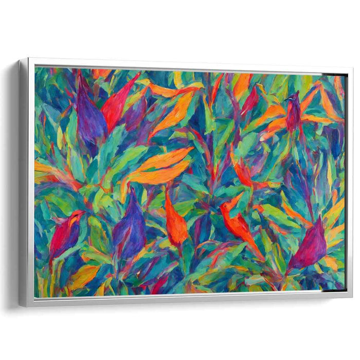 Feathery Canopy Flight: Vibrant Birds in Lush Foliage Canvas Art Print