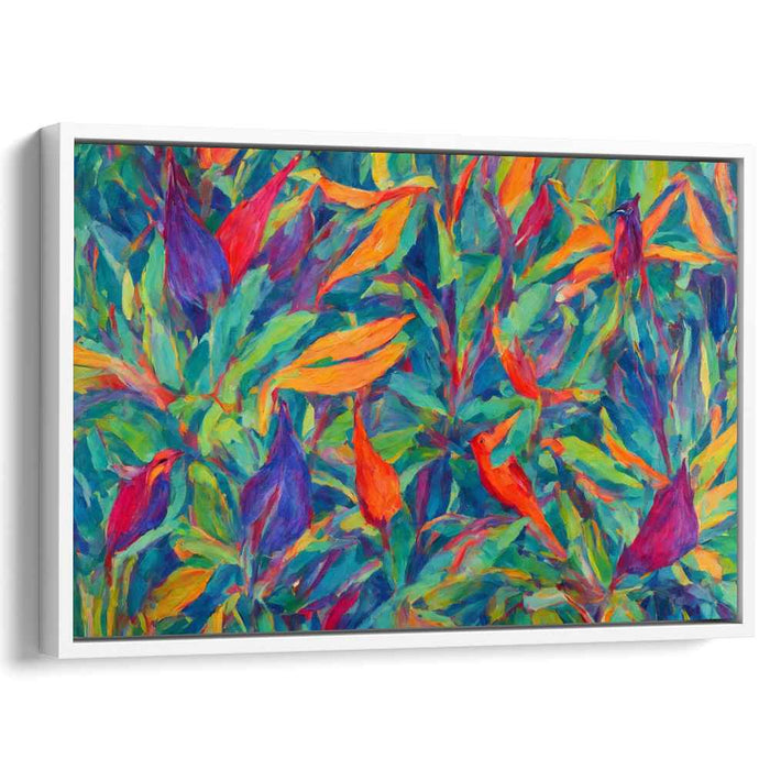Feathery Canopy Flight: Vibrant Birds in Lush Foliage Canvas Art Print