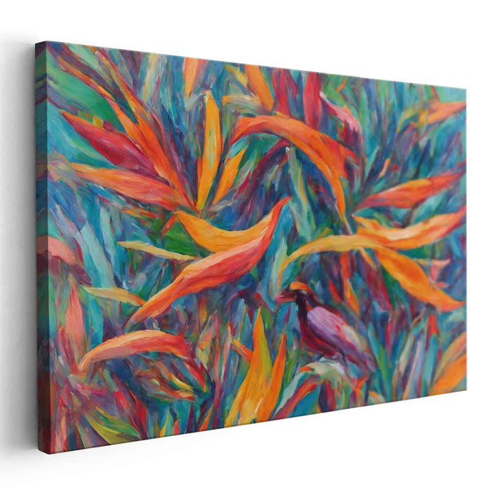 Verdant Avian Reverie: Vibrant Bird Amongst Lush Foliage Canvas Art Print