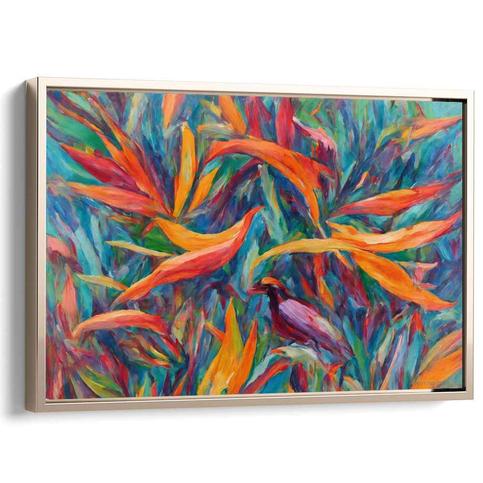 Verdant Avian Reverie: Vibrant Bird Amongst Lush Foliage Canvas Art Print