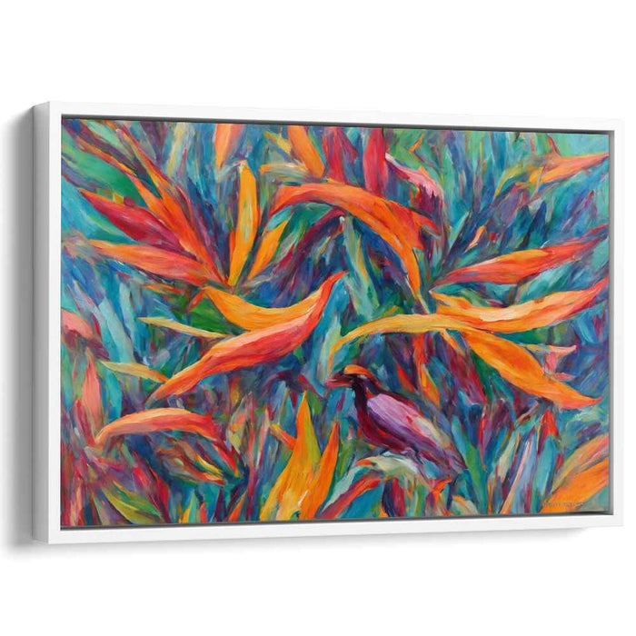 Verdant Avian Reverie: Vibrant Bird Amongst Lush Foliage Canvas Art Print