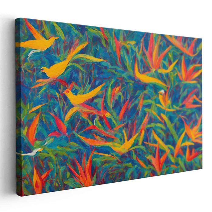 Flights Among Leaves: Vibrant Birds and Foliage Canvas Art