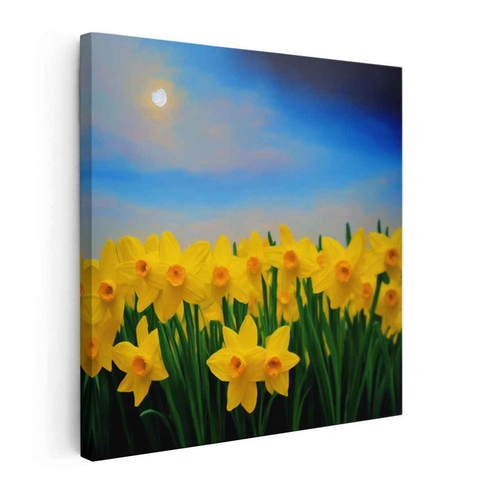 Whispering Daffodils Embrace Sky Serenity: Serene Daffodil Field Under a Tranquil Sky Canvas Art Print