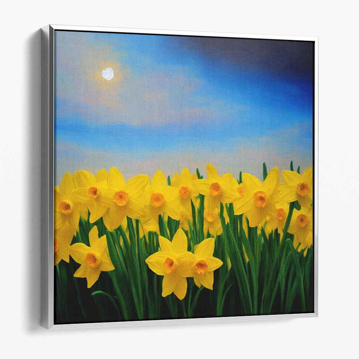 Whispering Daffodils Embrace Sky Serenity: Serene Daffodil Field Under a Tranquil Sky Canvas Art Print