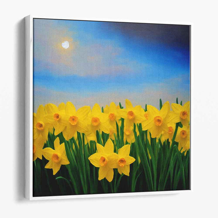 Whispering Daffodils Embrace Sky Serenity: Serene Daffodil Field Under a Tranquil Sky Canvas Art Print