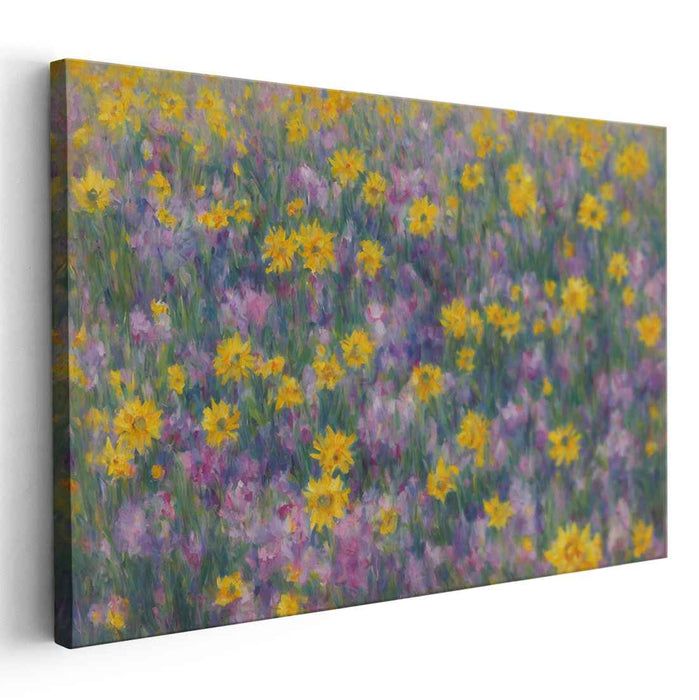 Dandelion Dreamscape Symphony: Impressionist Meadow in Yellow and Purple Canvas Art Print