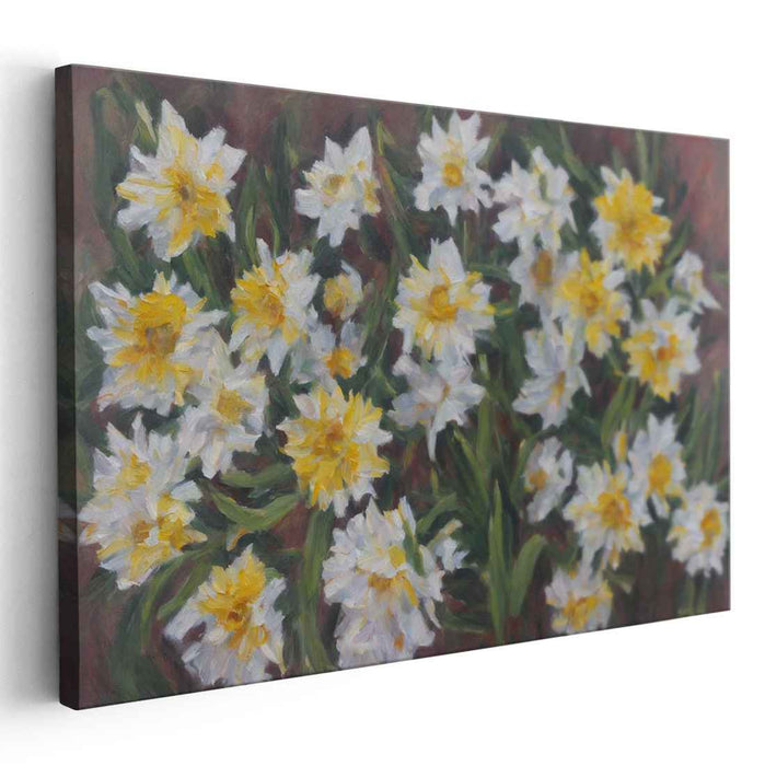 Springtime Blooms: Impressionist White and Yellow Flower Canvas Art Print
