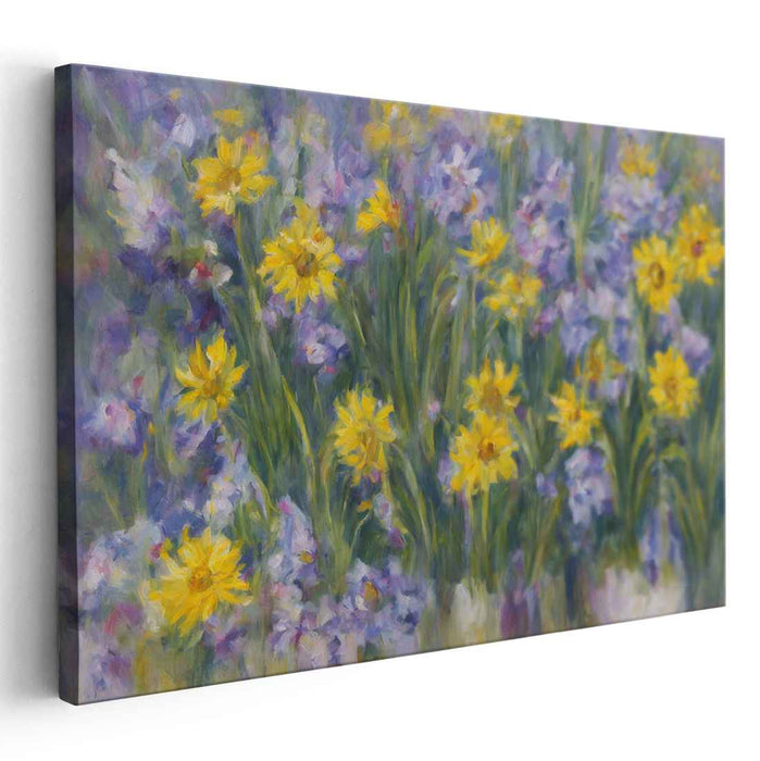 Amethyst Petal Dance: Vibrant Yellow and Purple Floral Canvas Art Print