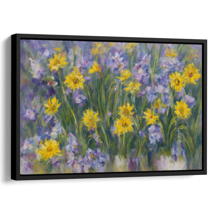 Amethyst Petal Dance: Vibrant Yellow and Purple Floral Canvas Art Print