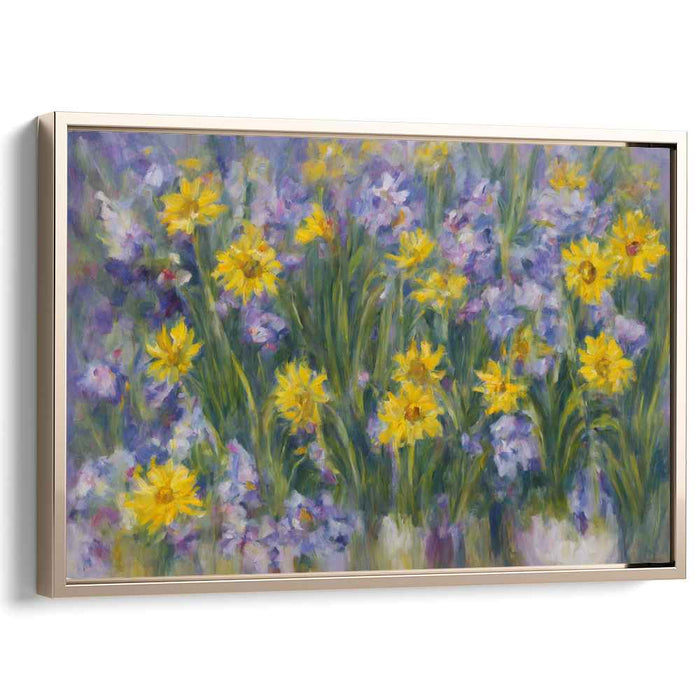 Amethyst Petal Dance: Vibrant Yellow and Purple Floral Canvas Art Print
