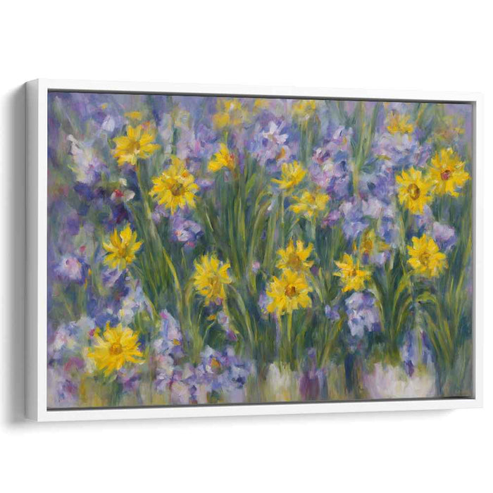 Amethyst Petal Dance: Vibrant Yellow and Purple Floral Canvas Art Print