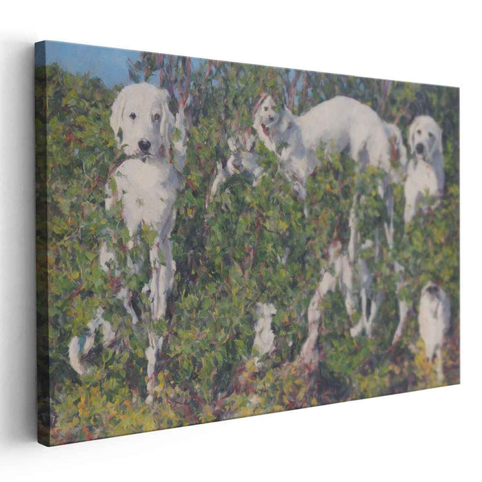 Enigmatic Canines: Impressionist White Dogs in Verdant Bush Canvas Art Print