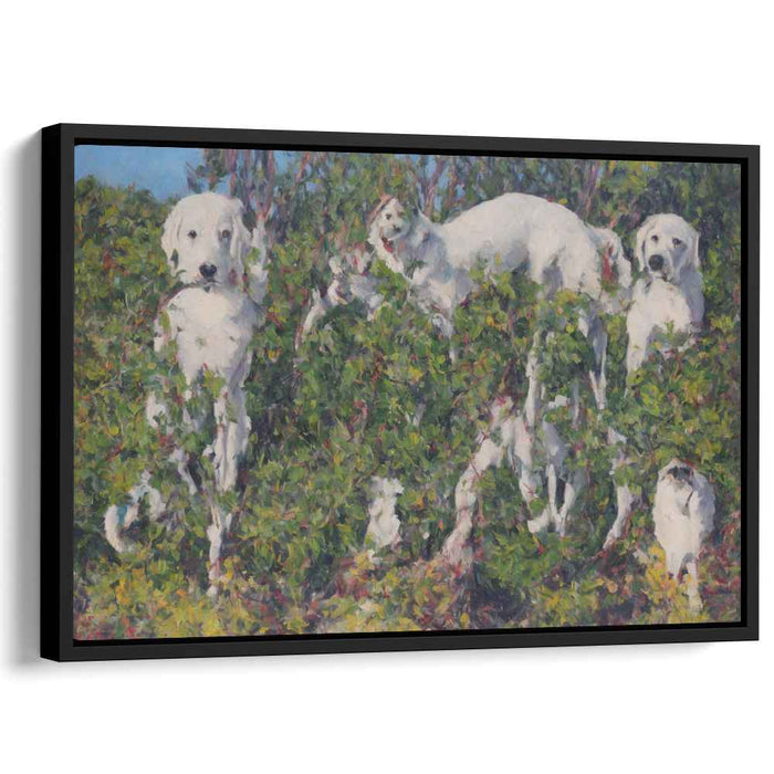 Enigmatic Canines: Impressionist White Dogs in Verdant Bush Canvas Art Print