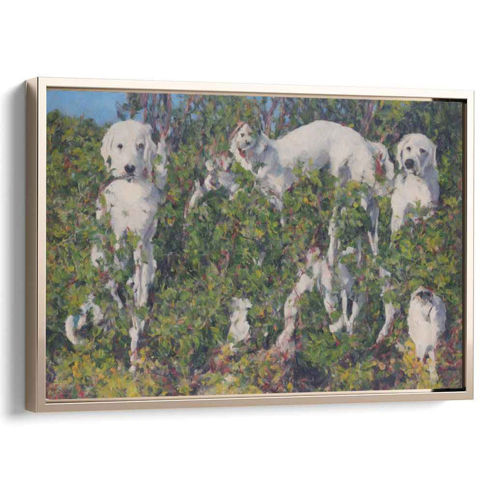 Enigmatic Canines: Impressionist White Dogs in Verdant Bush Canvas Art Print