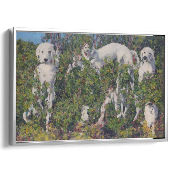 Enigmatic Canines: Impressionist White Dogs in Verdant Bush Canvas Art Print
