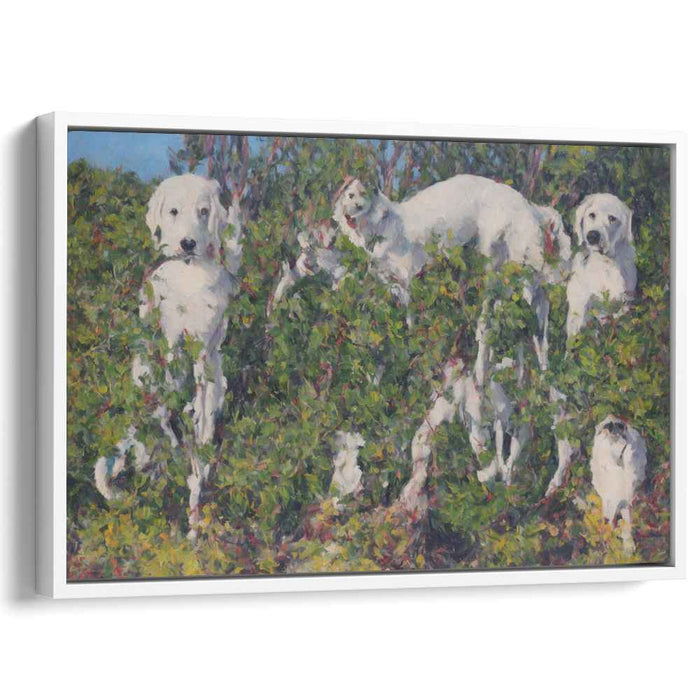 Enigmatic Canines: Impressionist White Dogs in Verdant Bush Canvas Art Print