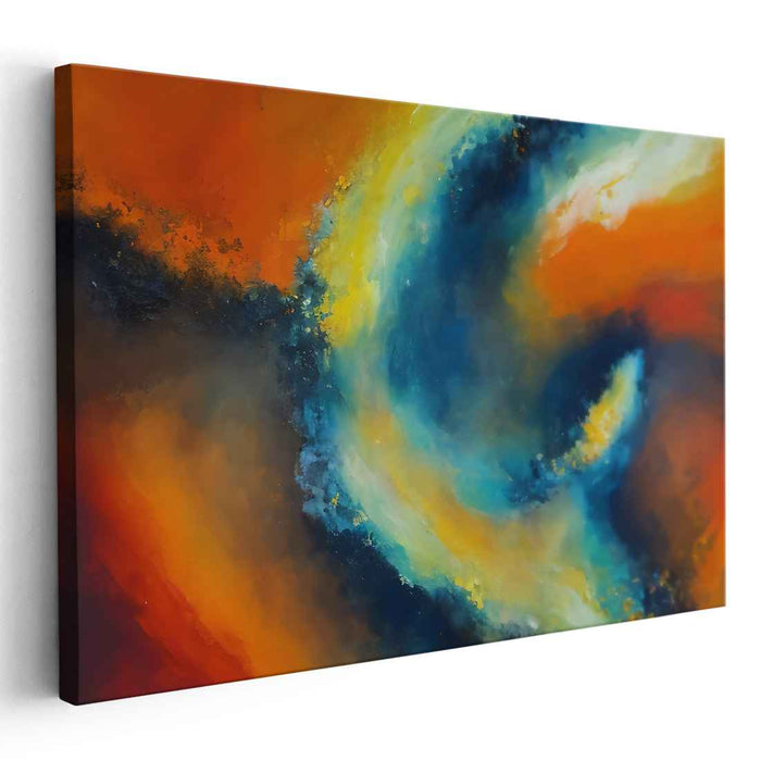 Blaze Whispers in Cobalt Hues: Abstract Expressionist Fiery Orange and Blue Canvas Art Print