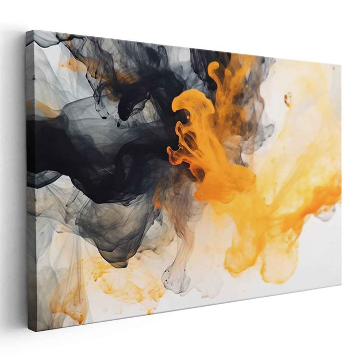 Ethereal Midnight Lightning Dance: Dynamic Black and Yellow Abstract Canvas Art Print