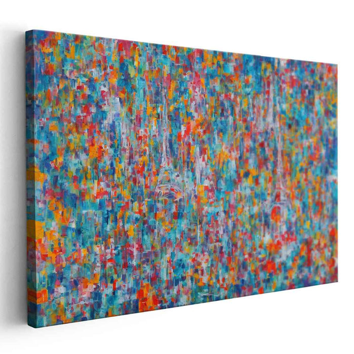 Ethereal Towerscape Fragmentation: Abstract Pointillist Eiffel Tower Canvas Art