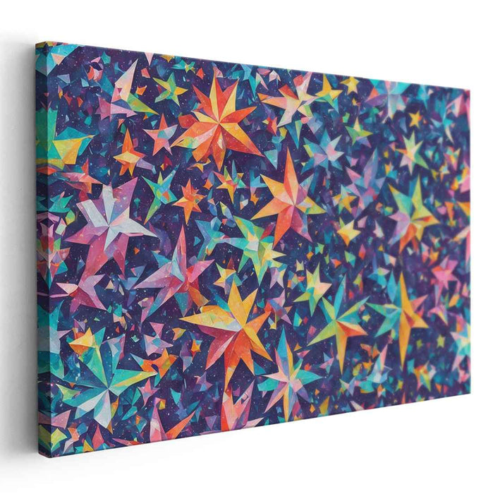 Stellar Midnight Mosaic: Vibrant Geometric Stars on Midnight Blue Canvas Art Print