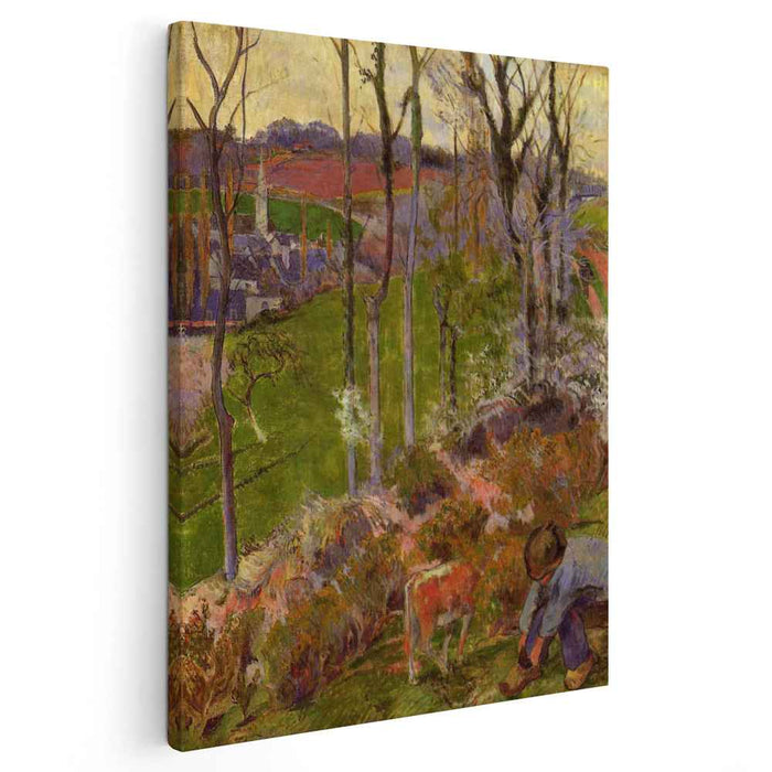 Petit Breton arranging his shoe, or Landscape at Pont-Aven, Brittany by Paul Gauguin