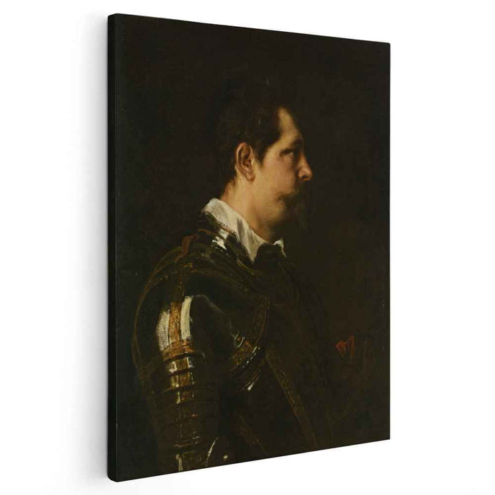 Portrait of a Military Commander bust length in Profile in Damascened armour with white colland red sash by Anthony van Dyck