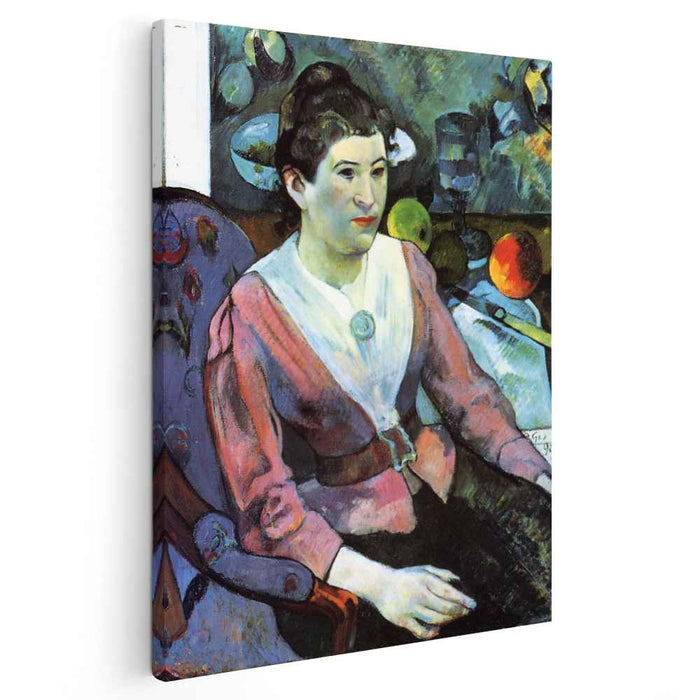 Portrait of woman against the Cezanne's still life with apples (1890) by Paul Gauguin