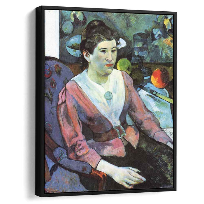 Portrait of woman against the Cezanne's still life with apples (1890) by Paul Gauguin