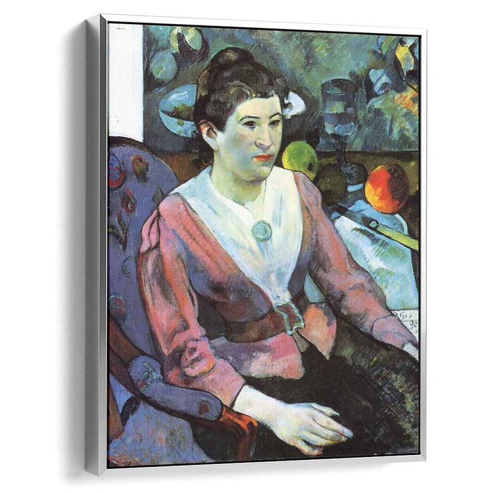 Portrait of woman against the Cezanne's still life with apples (1890) by Paul Gauguin