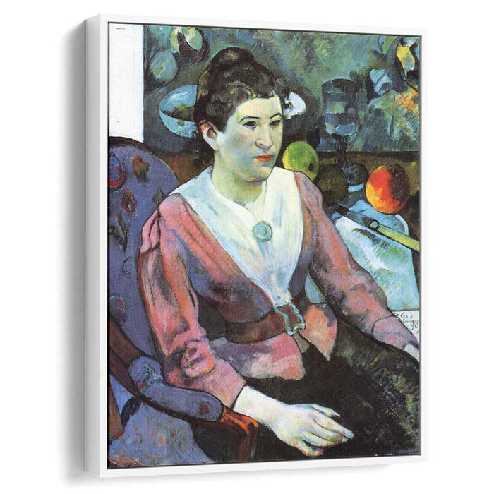 Portrait of woman against the Cezanne's still life with apples (1890) by Paul Gauguin