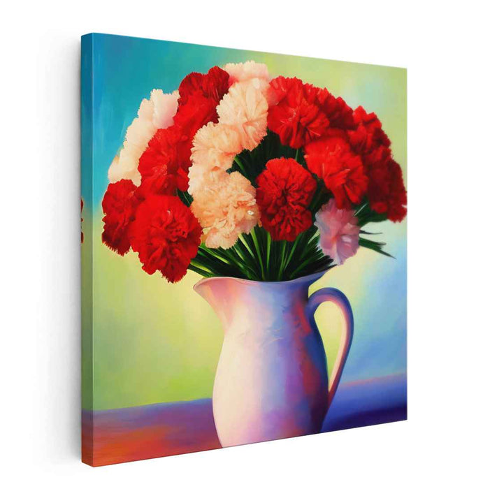 Ceramic Symphony: Vibrant Carnation Bouquet in Ceramic Pitcher Canvas Art