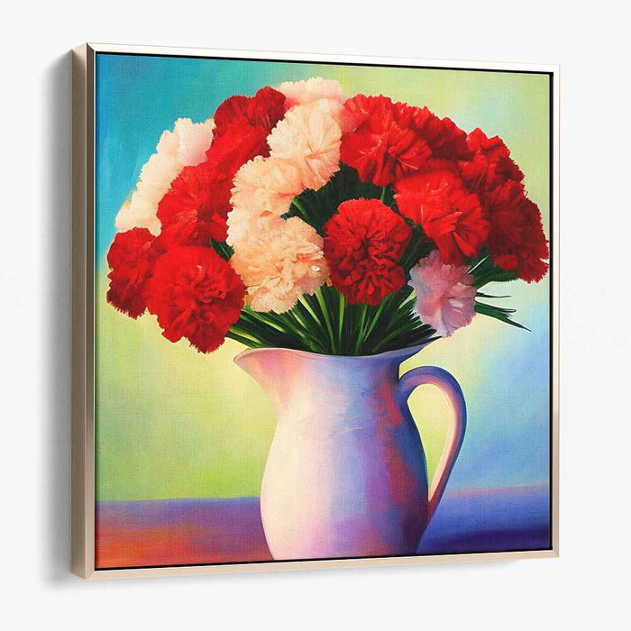 Ceramic Symphony: Vibrant Carnation Bouquet in Ceramic Pitcher Canvas Art