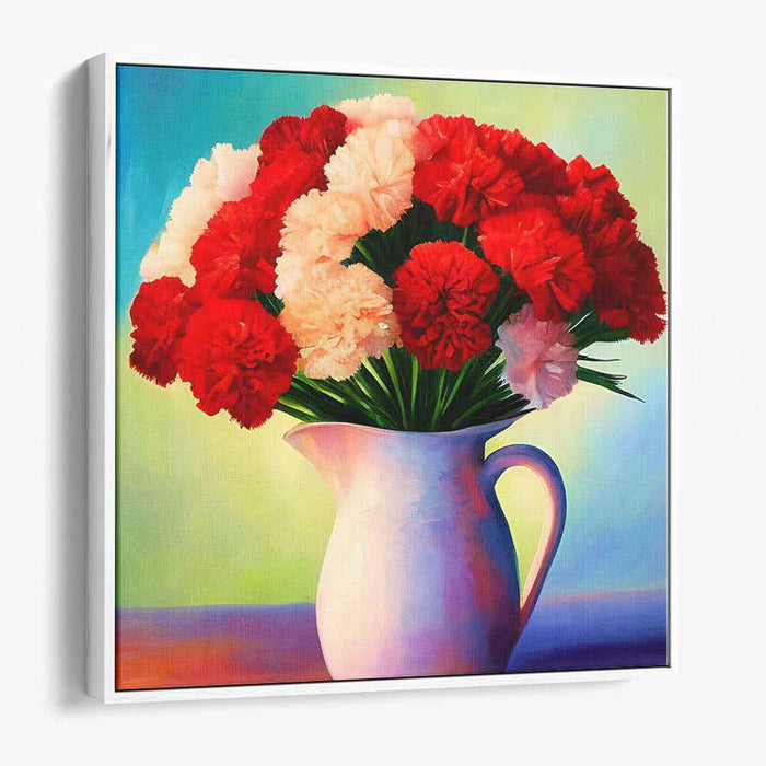 Ceramic Symphony: Vibrant Carnation Bouquet in Ceramic Pitcher Canvas Art