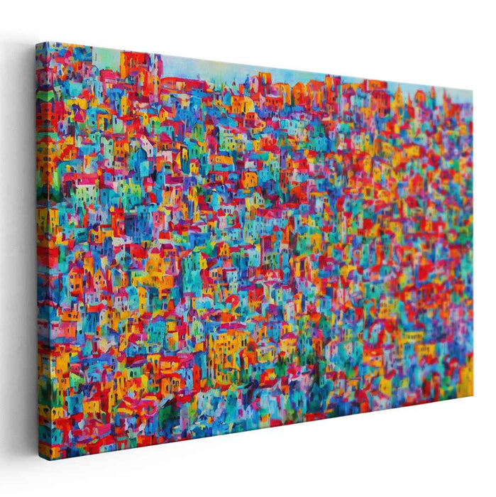 Pixelated Urban Mosaic: Colorful Pointillist Cityscape Canvas Art Print