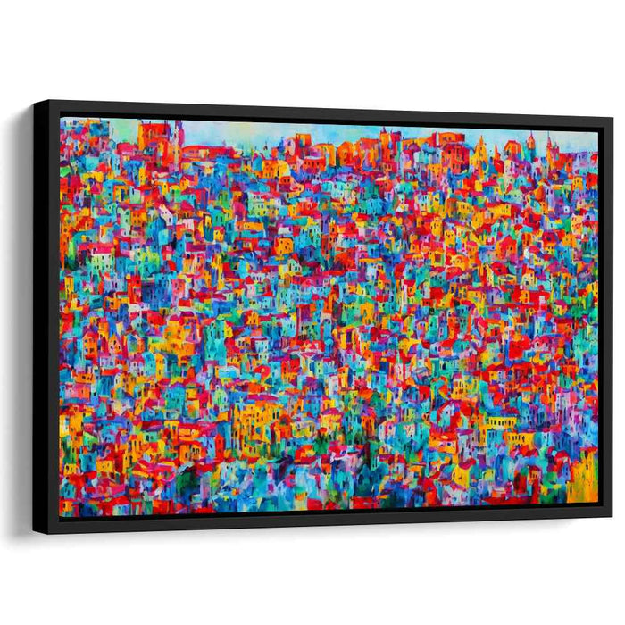 Pixelated Urban Mosaic: Colorful Pointillist Cityscape Canvas Art Print