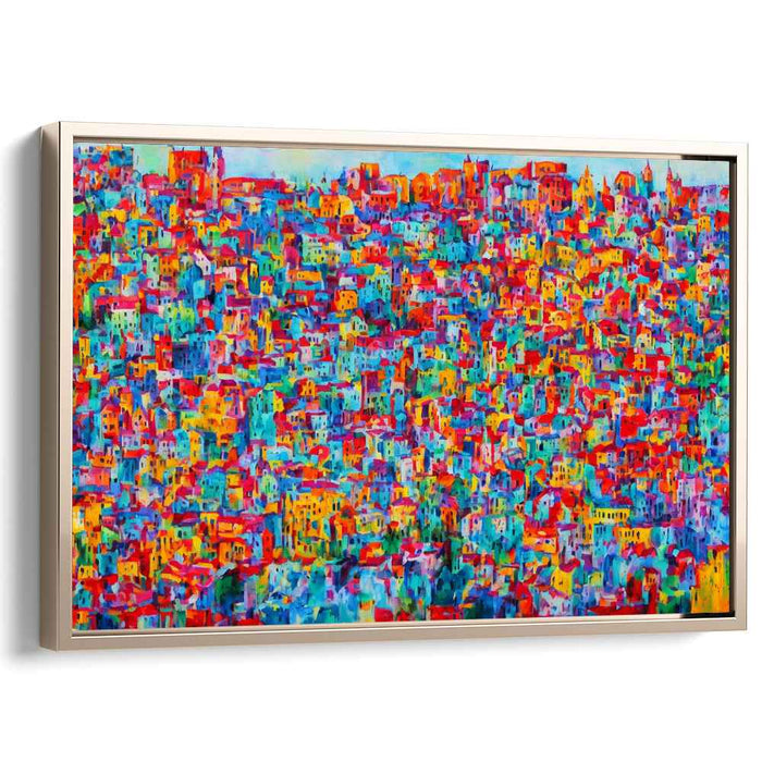 Pixelated Urban Mosaic: Colorful Pointillist Cityscape Canvas Art Print